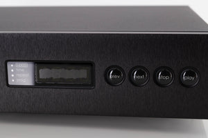 Close up of a used Naim CD5 XS CD Player in a Black finish showing screen mostly blacked out