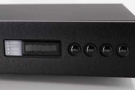 Close up of a used Naim CD5 XS CD Player in a Black finish showing screen mostly blacked out