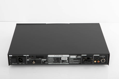 Rear view of a used Naim CD5 XS CD Player in a black finish showing Mains Input, Phono Outputs and Analogue Outputs
