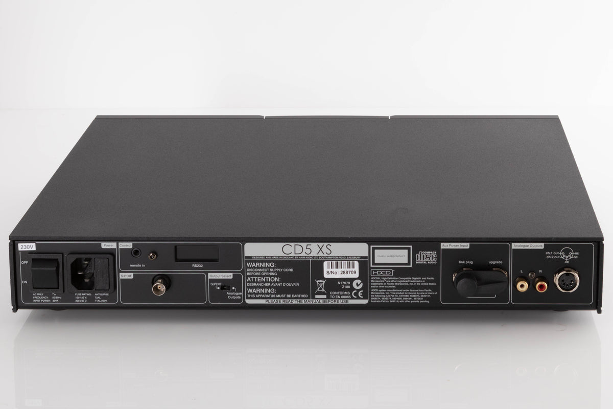 Rear view of a used Naim CD5 XS CD Player in a Black finish showing Mains Input, Analogue Outputs and AUX Power Input