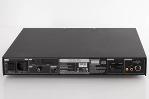 Rear view of a used Naim CD5 XS CD Player in a Black finish showing Mains Input, Analogue Outputs and AUX Power Input