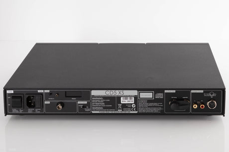 Rear view of a used Naim CD5 XS CD Player in a Black finish showing Mains Input, Analogue Outputs and AUX Power Input
