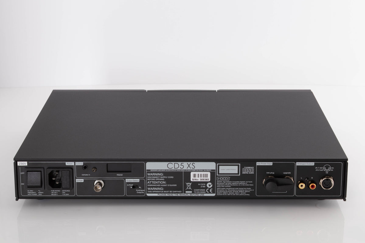 Rear view of a used Naim CD5 XS CD Player in a Black finish showing Mains Input, Phono Outputs and Analogue Output