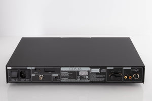 Rear view of a used Naim CD5 XS CD Player in a Black finish showing Mains Input, Phono Outputs and Analogue Output