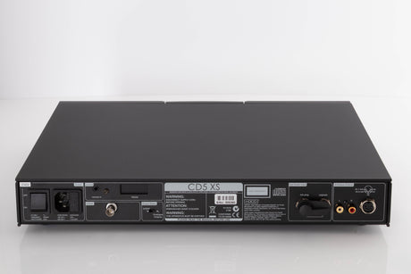 Rear view of a used Naim CD5 XS CD Player in a Black finish showing Mains Input, Phono Outputs and Analogue Output