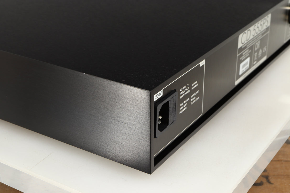 Rear right corner of a used Naim CD555PS DR Power Supply in a black finish
