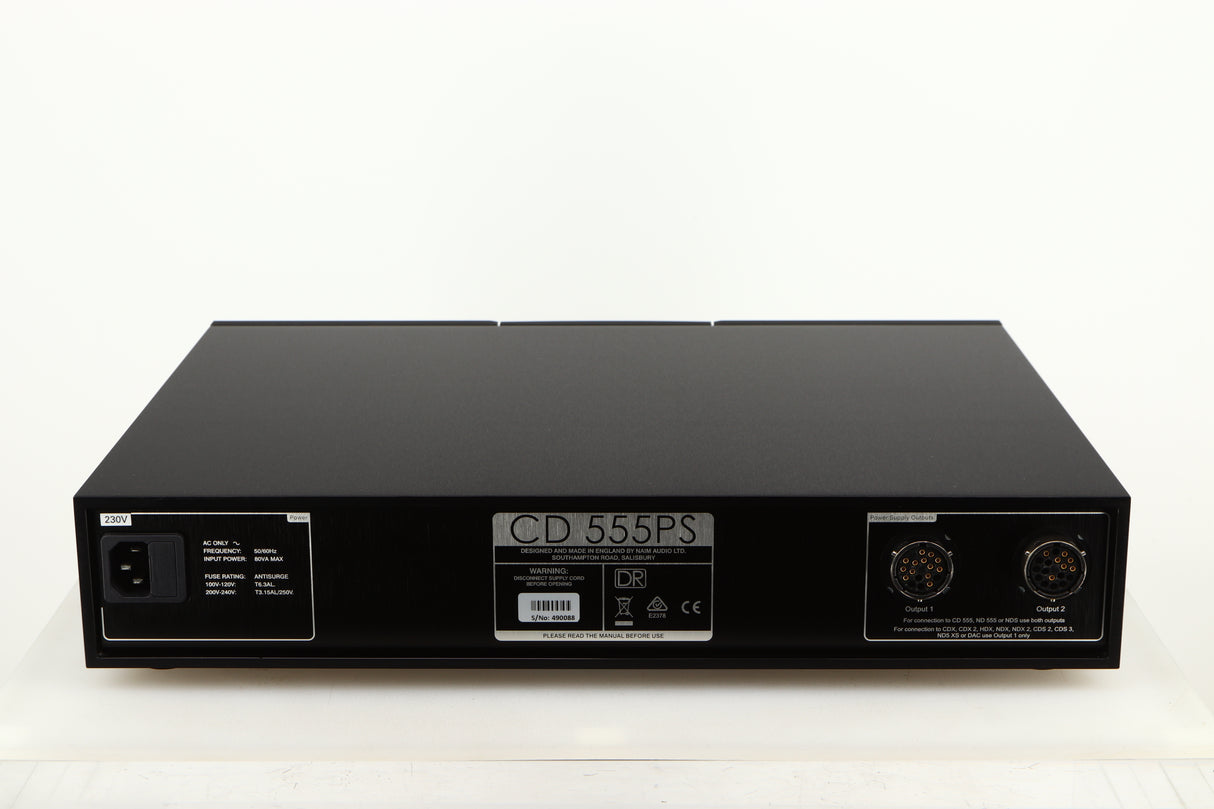 Rear view of a used Naim CD555PS DR Power Supply in a black finish showing Mains Input