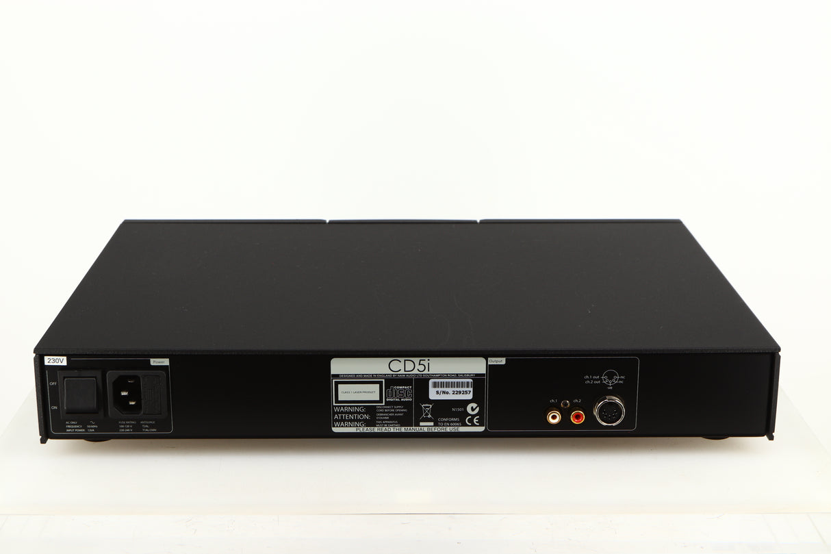 Rear view of a used Naim CD5i CD Player in a black finish showing Mains Input and Channel Outputs