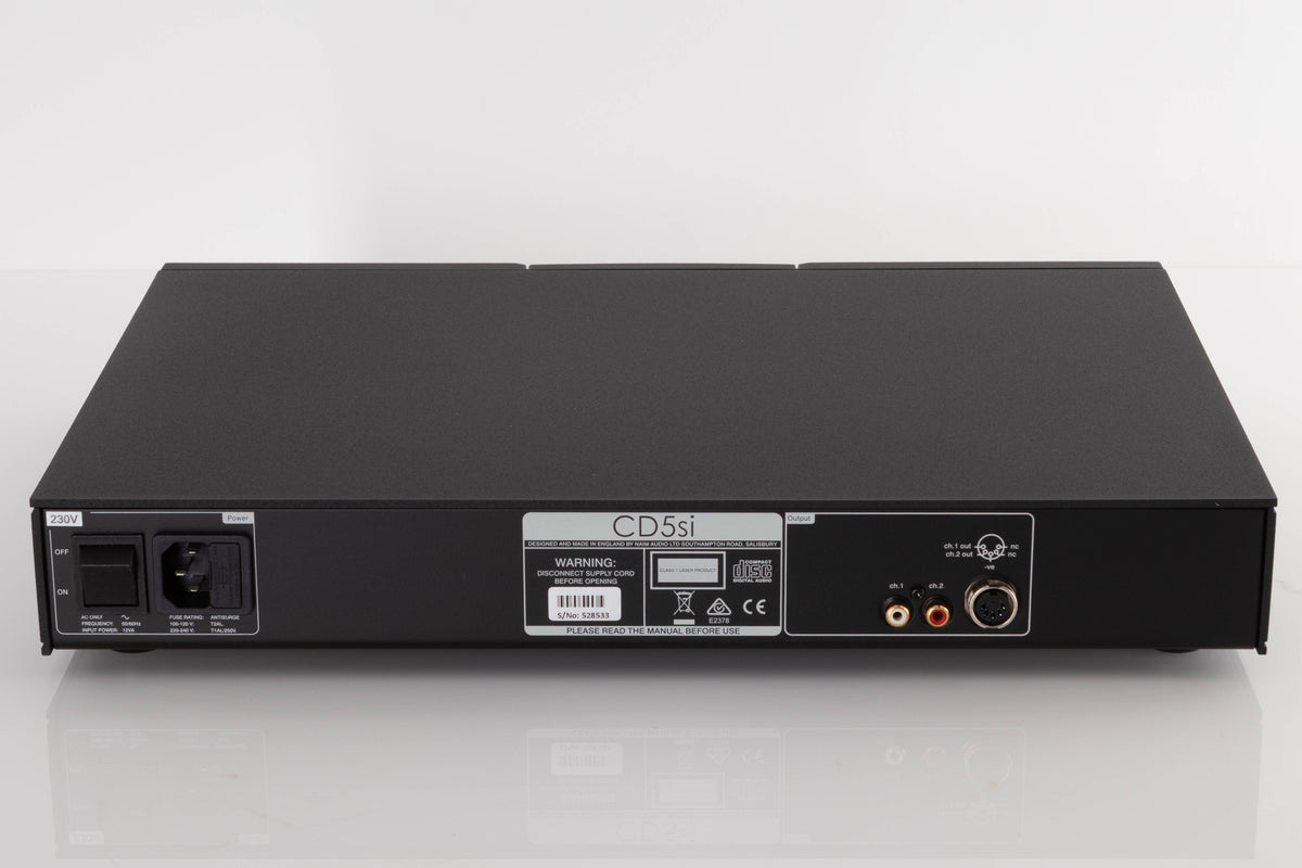 Rear view of a used Naim CD5si CD Player in a Black finish showing Mains Cable, Phono Outputs and XLR Output