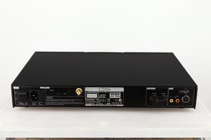 Rear view of a used Naim CD5X CD Player in a black finish showing Mains Input and Phono Outputs 