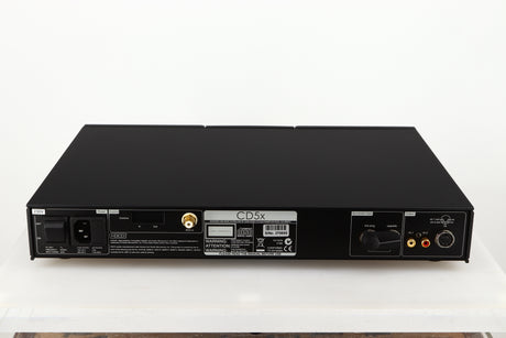 Rear view of a used Naim CD5X CD Player in a black finish showing Mains Input and Phono Outputs 