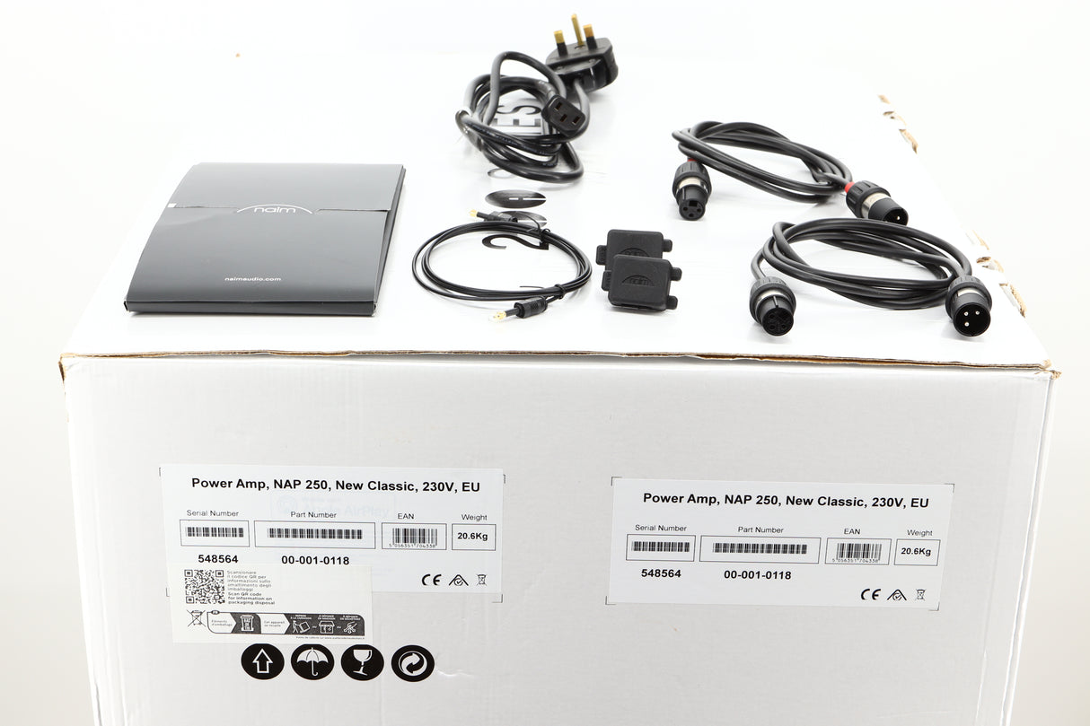 Box of a used Naim Classic NAP250 Power Amplifier showing Mains Cable, Manual, Speaker Plugs, Optical Cable, 2x XLR Cables