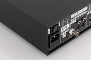 Rear right corner of a used Naim DAC V-1 Digital Analogue Converter in a Black finish