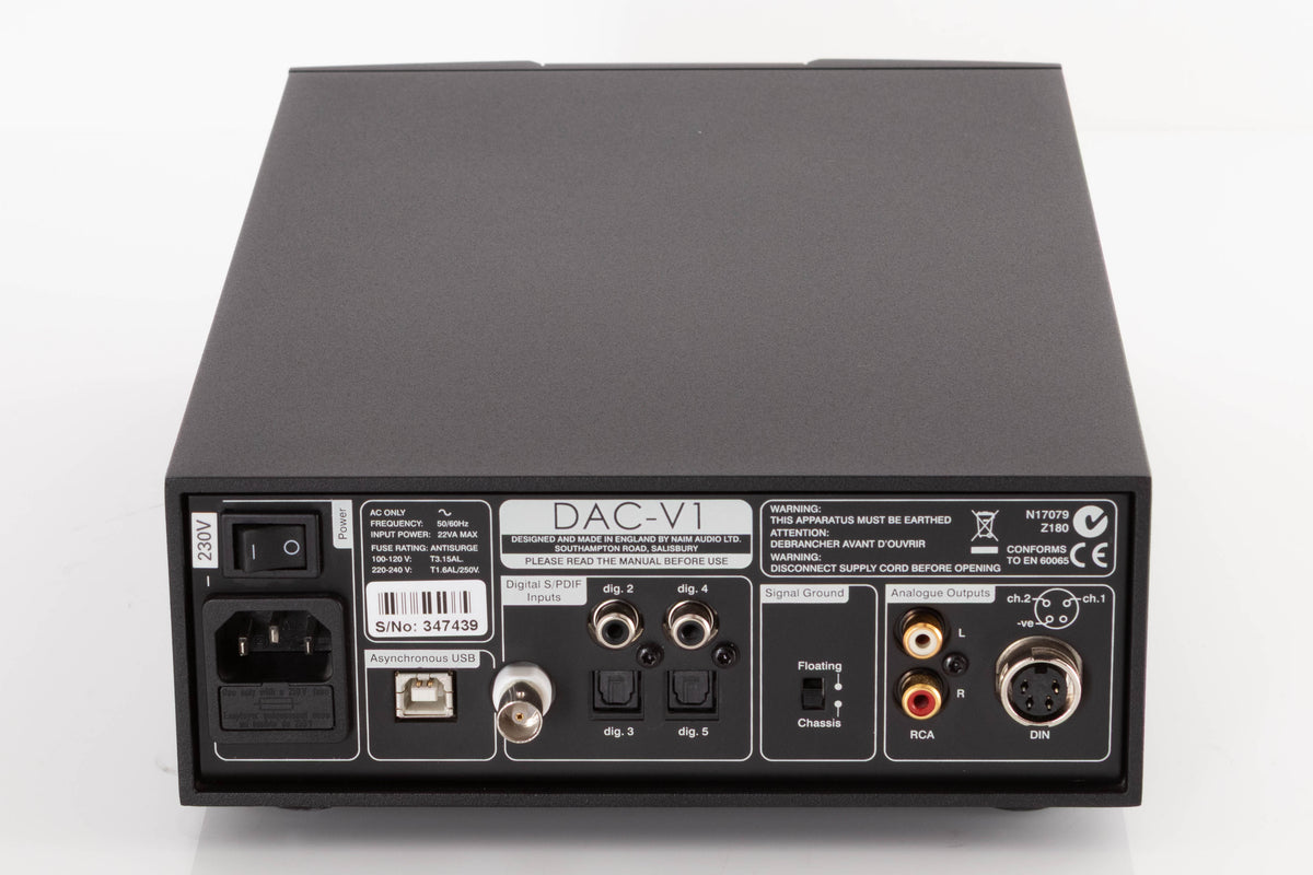Rear view of a used Naim DAC V-1 Digital Analogue Converter in a Black finish showing Mains Input, USB Input, Digital Inputs, Optical Inputs, Analogue Outputs and DIN Output