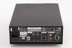 Rear view of a used Naim DAC V-1 Digital Analogue Converter in a Black finish showing Mains Input, USB Input, Digital Inputs, Optical Inputs, Analogue Outputs and DIN Output