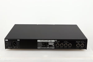 Rear view of a used Naim Flatcap 2X Power Supply in a black finish showing Mains Input and DIN Outputs