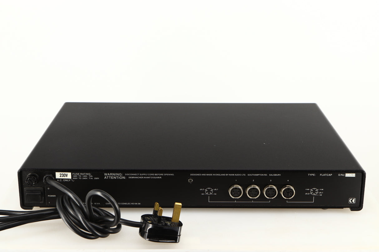 Rear view of a used Naim Flatcap Power Supply in a black finish showing SNAIC Output