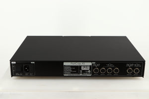 Rear view of a used Naim Flatcap XS Power Supply in a black finish showing Mains Input and DIN Outputs