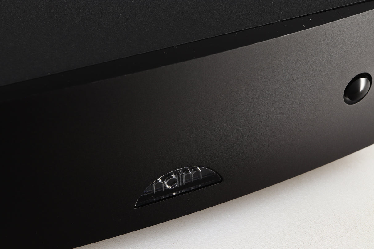 Close up of a used Naim Hicap DR Power Supply in a black finish showing the fascia