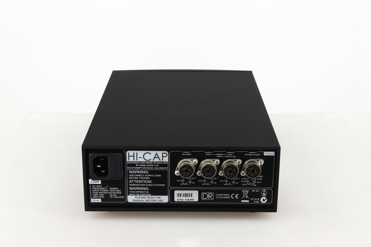 Rear view of a used Naim Hicap DR Power Supply in a black finish showing Mains Input and DIN Outputs
