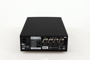 Rear view of a used Naim Hicap DR Power Supply in a black finish showing Mains Input and DIN Outputs