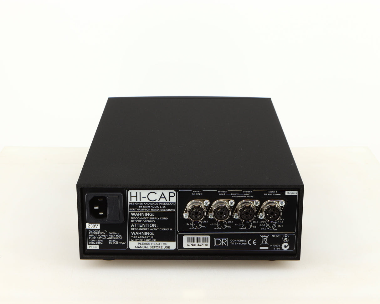 Rear view of a used Naim Hicap DR Power Supply in a black finish showing Mains Input and Channel Outputs