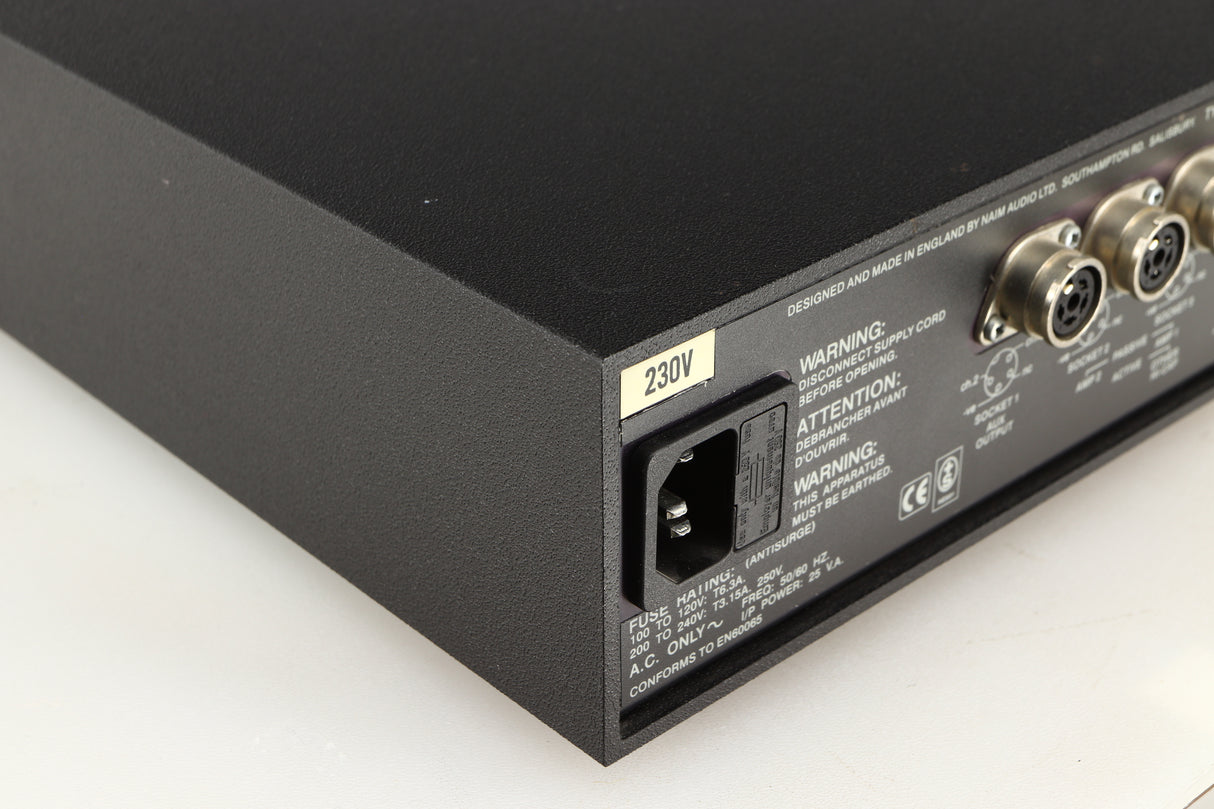 Rear right corner of a used Naim Hicap Power Supply in a black finish