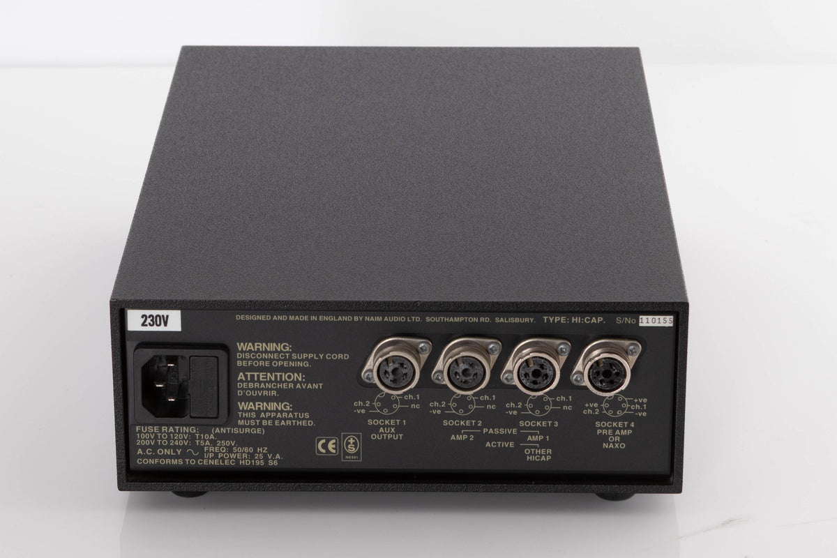 Rear view of a used Naim Hicap Power Supply in a Black finish showing Mains Input and AUX Output