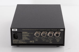 Rear view of a used Naim Hicap Power Supply in a Black finish showing Mains Input and AUX Output