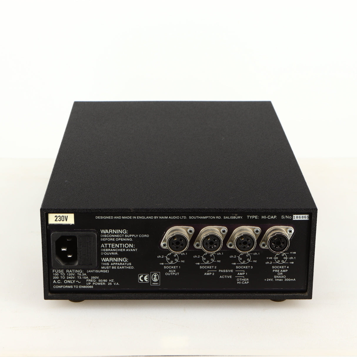 Rear view of a used Naim Hicap Power Supply in a black finish showing Mains Input and SNAIC Output