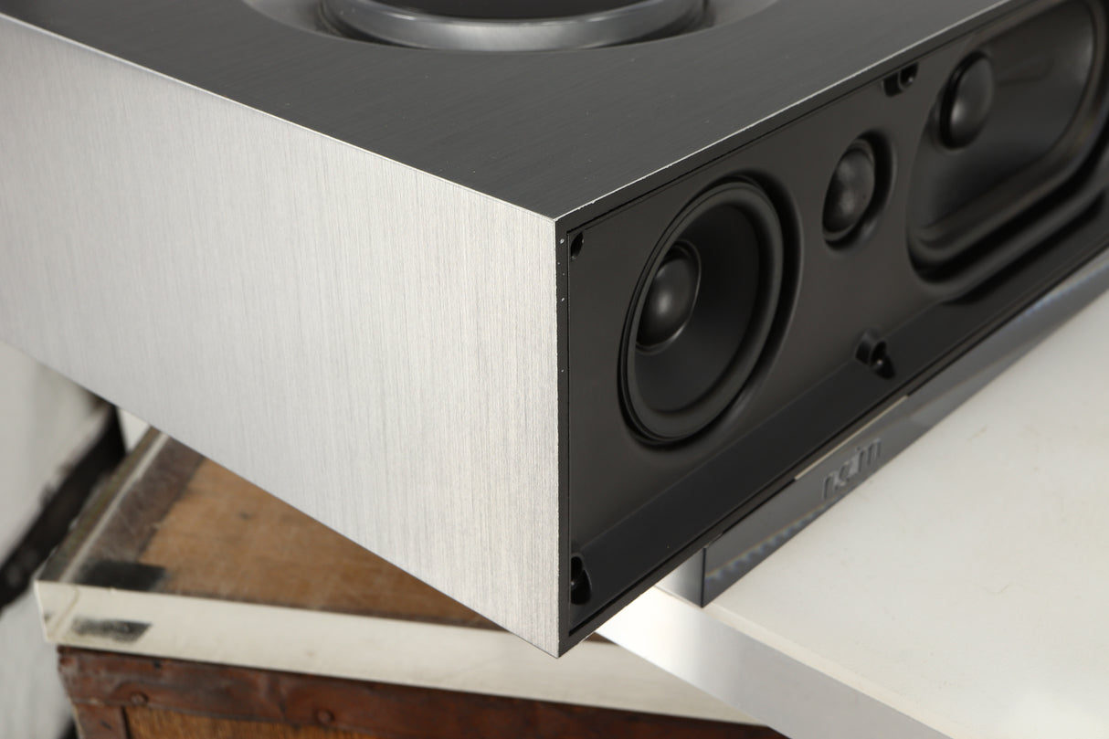 Front left corner of a used Naim Mu-so GEN2 Wireless Music System in a silver finish