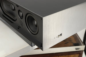 Front right corner of a used Naim Mu-so GEN2 Wireless Music System in a silver finish