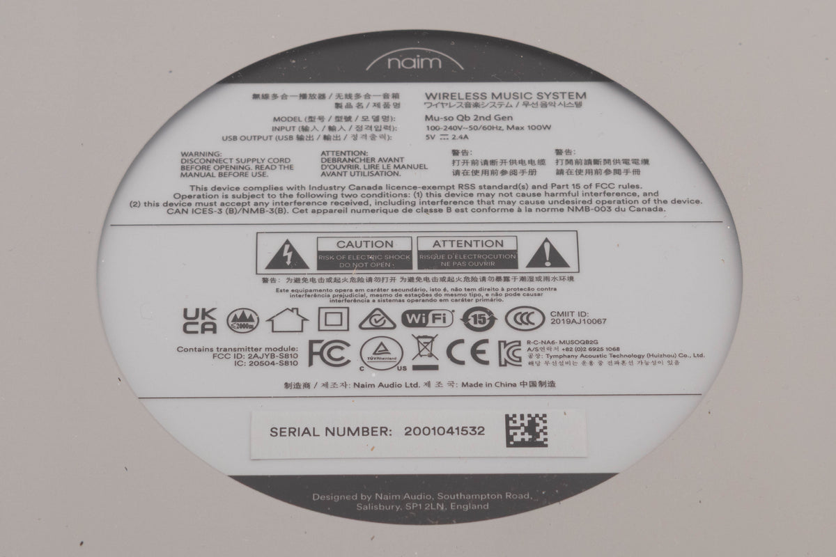 Close up of a used Naim Muso QB GEN2 Compact Wireless Speaker showing serial number