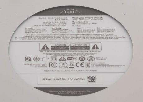 Close up of a used Naim Muso QB GEN2 Compact Wireless Speaker showing serial number