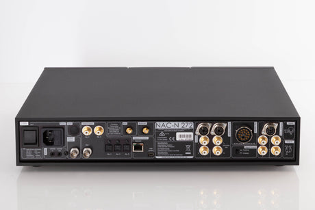 Rear view of a used Naim NAC N-272 Pre Amplifier in a Black finish showing Mains Input, Optical Inputs, Network Input, Analogue Inputs, Analogue Outputs and Digital Inputs
