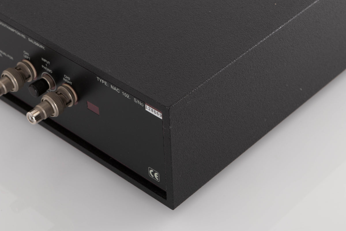 Rear left corner of a used Naim NAC102 W/ NAPSC in a Black finish