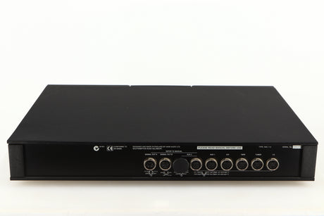 Rear view of a used Naim NAC112 Pre Amplifier in a black finish showing SNAIC Inputs and SNAIC Outputs