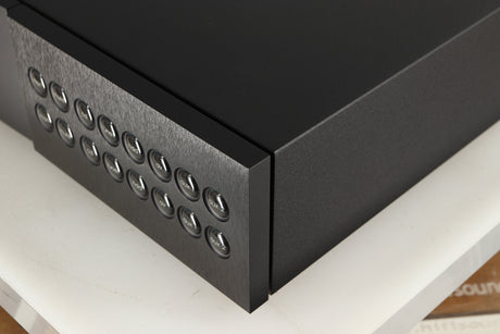 Front right corner of a used Naim NAC252 Pre Amplifier in a black finish