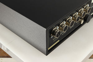 Rear right corner of a used Naim NAC252 Pre Amplifier in a black finish