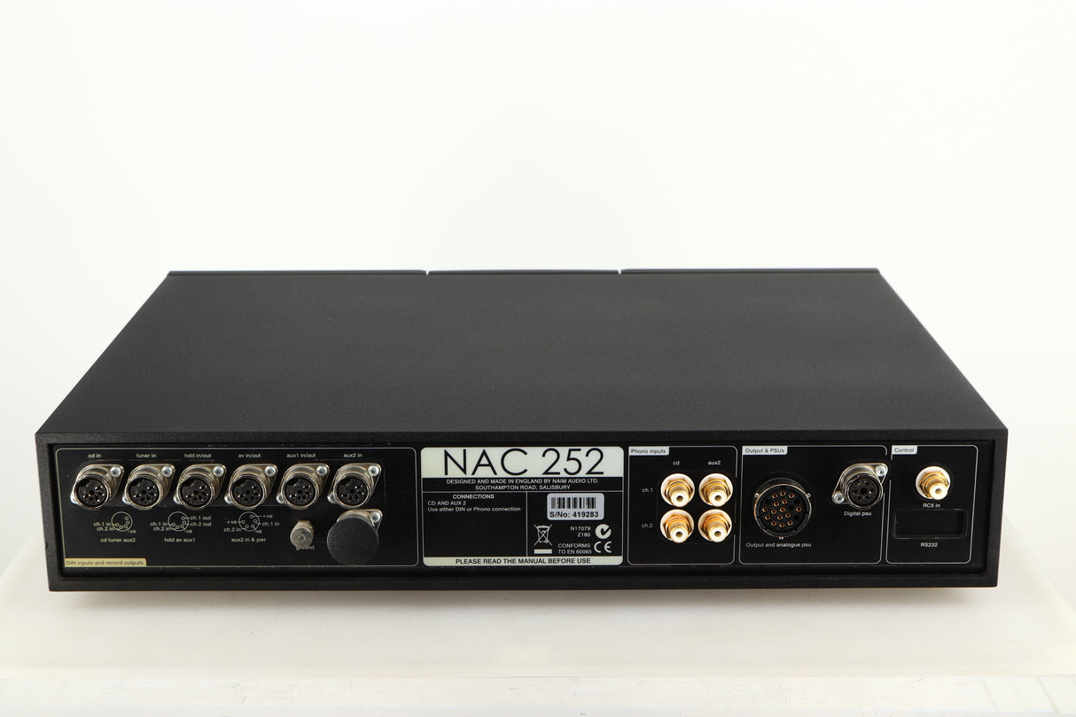 Rear view of a used Naim NAC252 Pre Amplifier in a black finish showing Phono Inputs, DIN Inputs, Din Outputs and Analogue Output