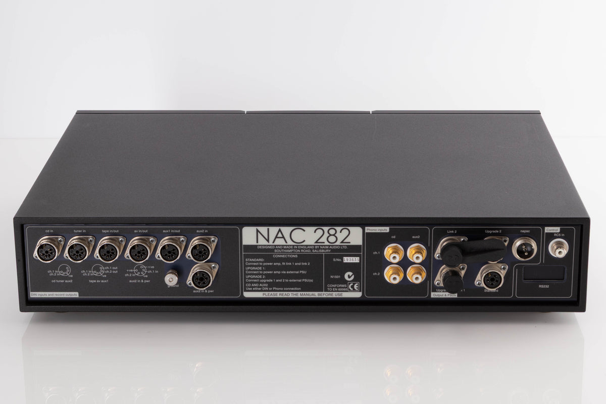 Rear view of a used Naim NAC282 Pre Amplifier in a Black finish showing Phono Inputs, DIN Inputs, DIN Outputs and Control Input