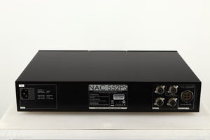 Rear view of a used Naim 552PS Power Supply in a black finish showing Mains Input and DIN Outputs