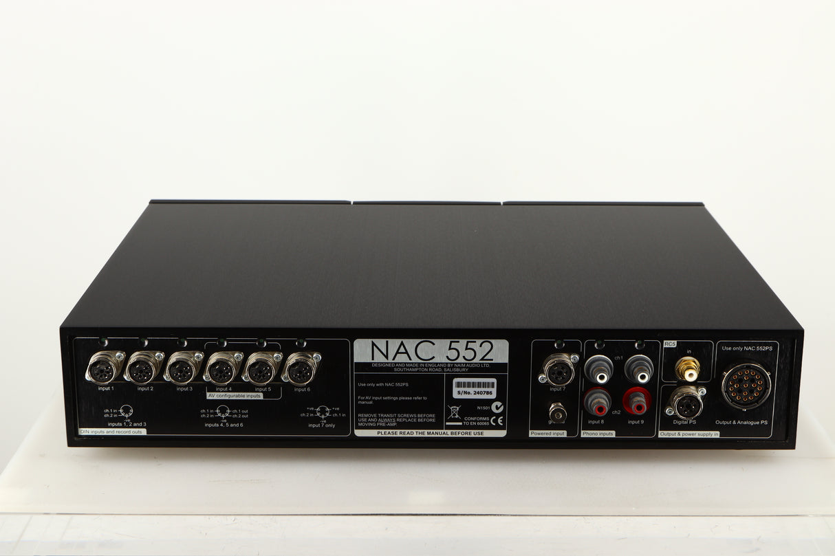 Rear view of a used Naim NAC552 Pre Amplifier in a black finish showing DIN Inputs, Phono Inputs, Powered Input and DIN Output