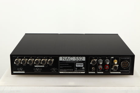 Rear view of a used Naim NAC552 Pre Amplifier in a black finish showing DIN Inputs, Phono Inputs, Powered Input and DIN Output