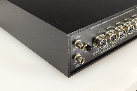 Rear right corner of a used Naim NAC72 Pre Amplifier in a black finish
