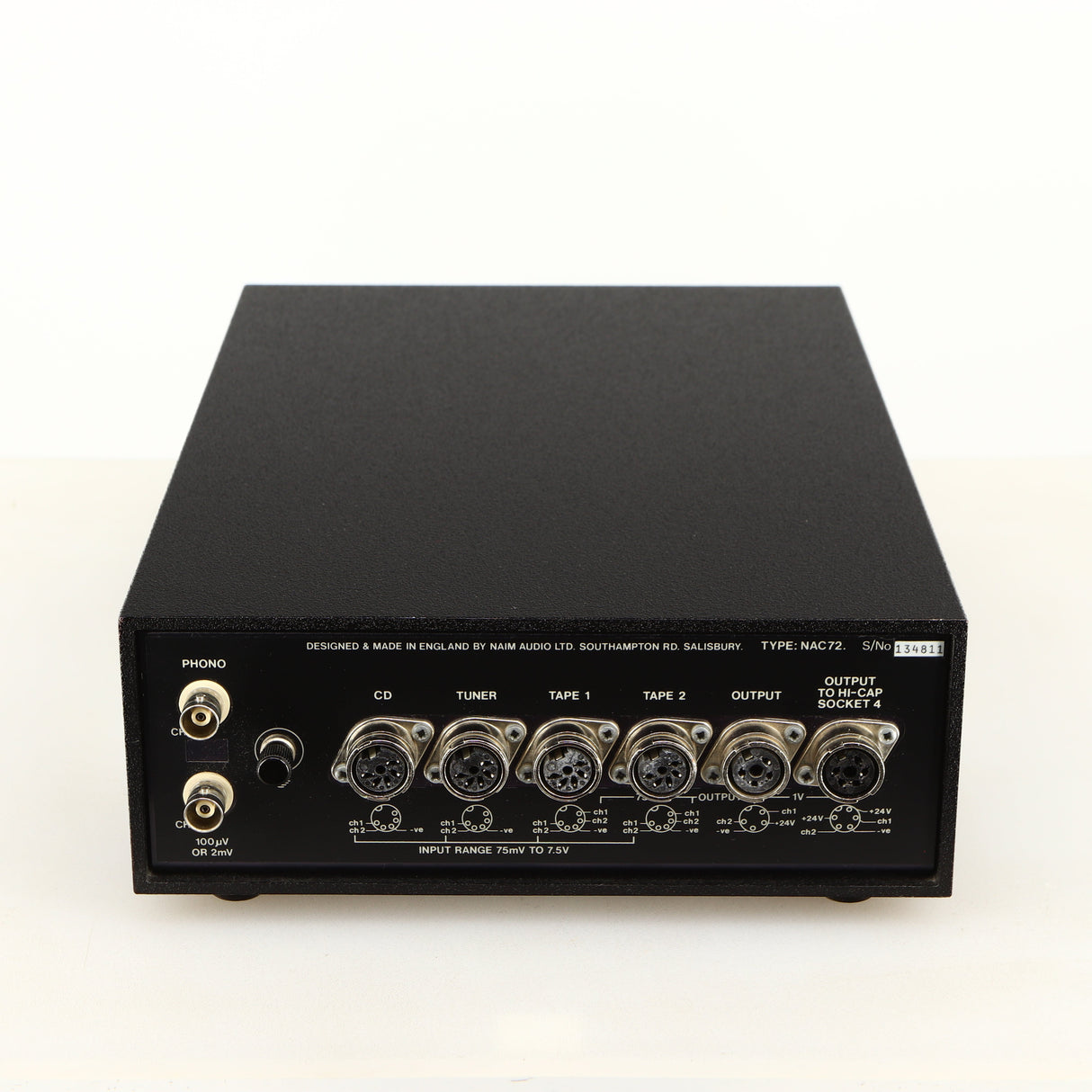 Rear view of a used Naim NAC72 Pre Amplifier in a black finish Phono Outputs, SNAIC Outputs and SNAIC Inputs