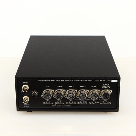 Rear view of a used Naim NAC72 Pre Amplifier in a black finish Phono Outputs, SNAIC Outputs and SNAIC Inputs