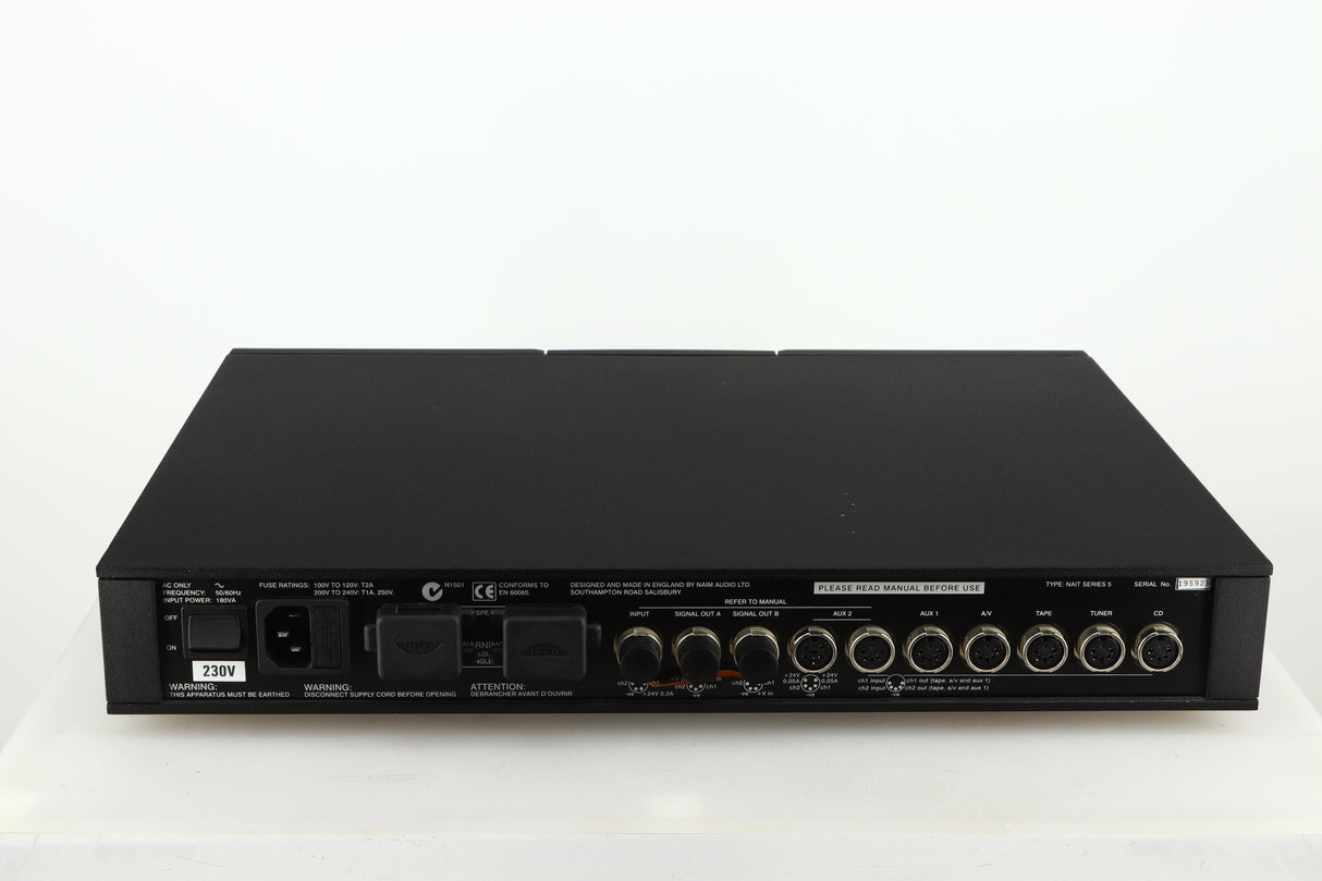 Rear view of a used Naim NAIT 5 Integrated Amplifier in a black finish showing Speaker Inputs, Mains Input and Channel Inputs / Outputs