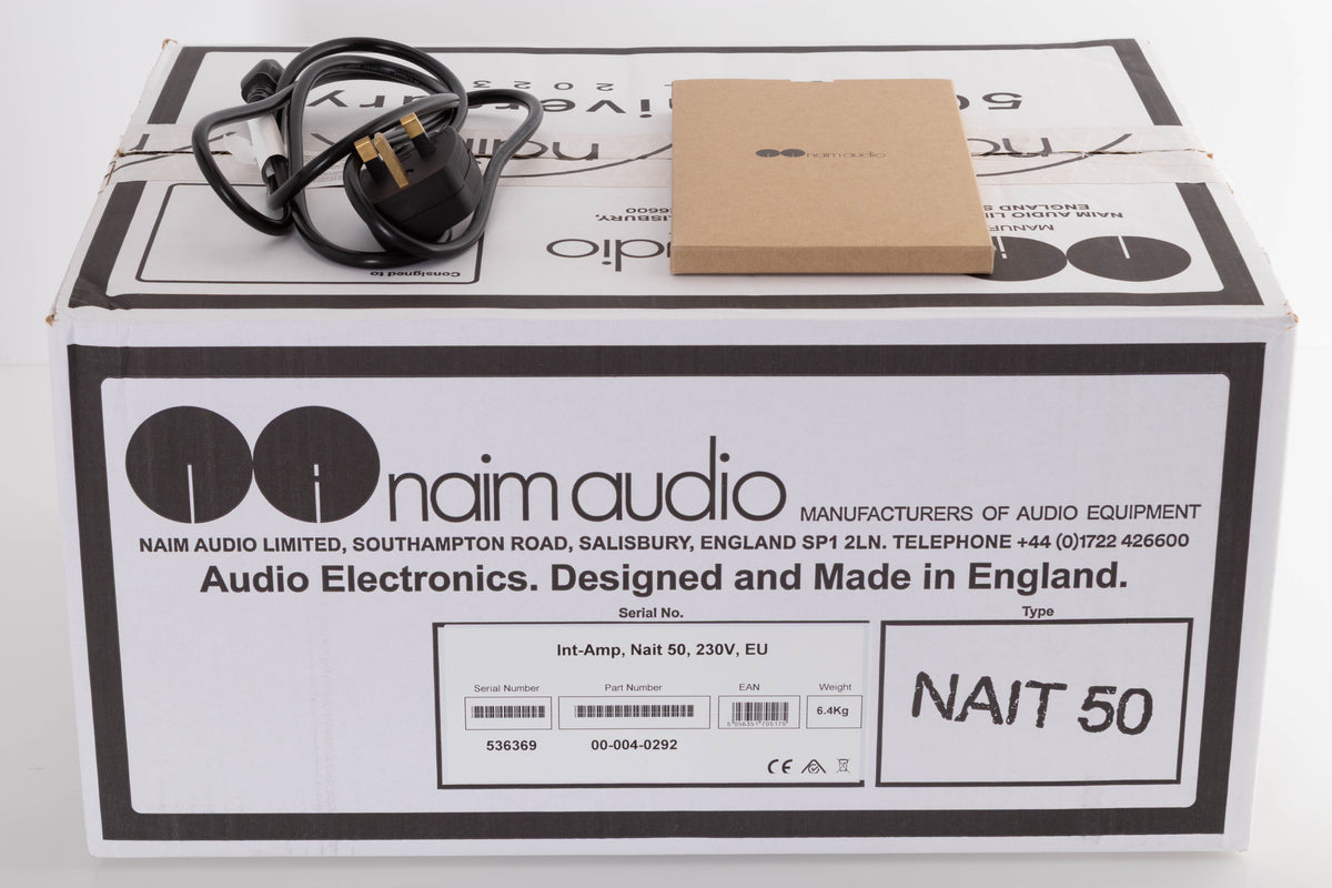 Box of a used Naim Nait 50 Integrated Amplifier with mains cable, and manual