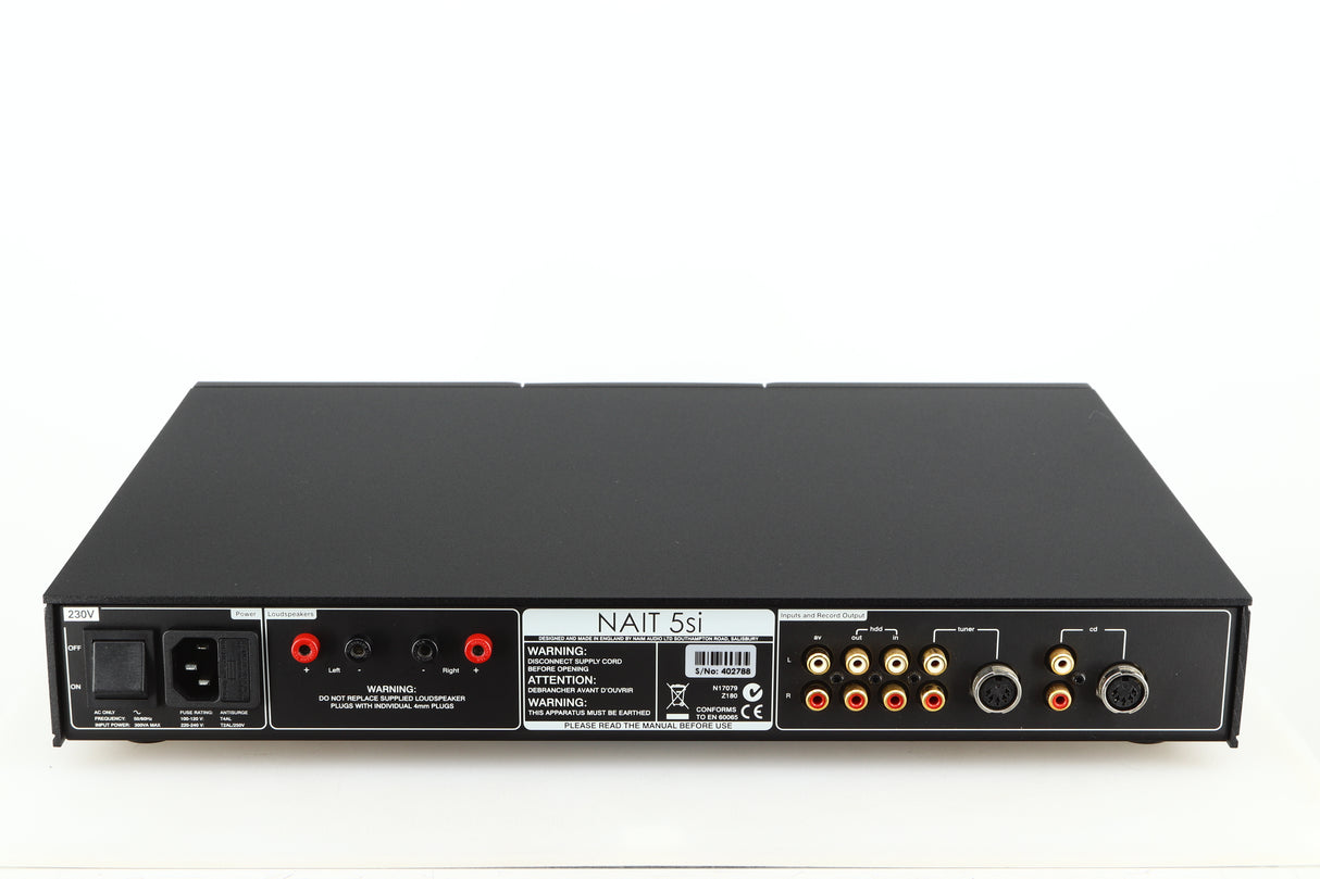 Rear view of a used Naim NAIT 5si Integrated Amplifier in a black finish showing Speaker Inputs, Mains Input and Phono Inputs